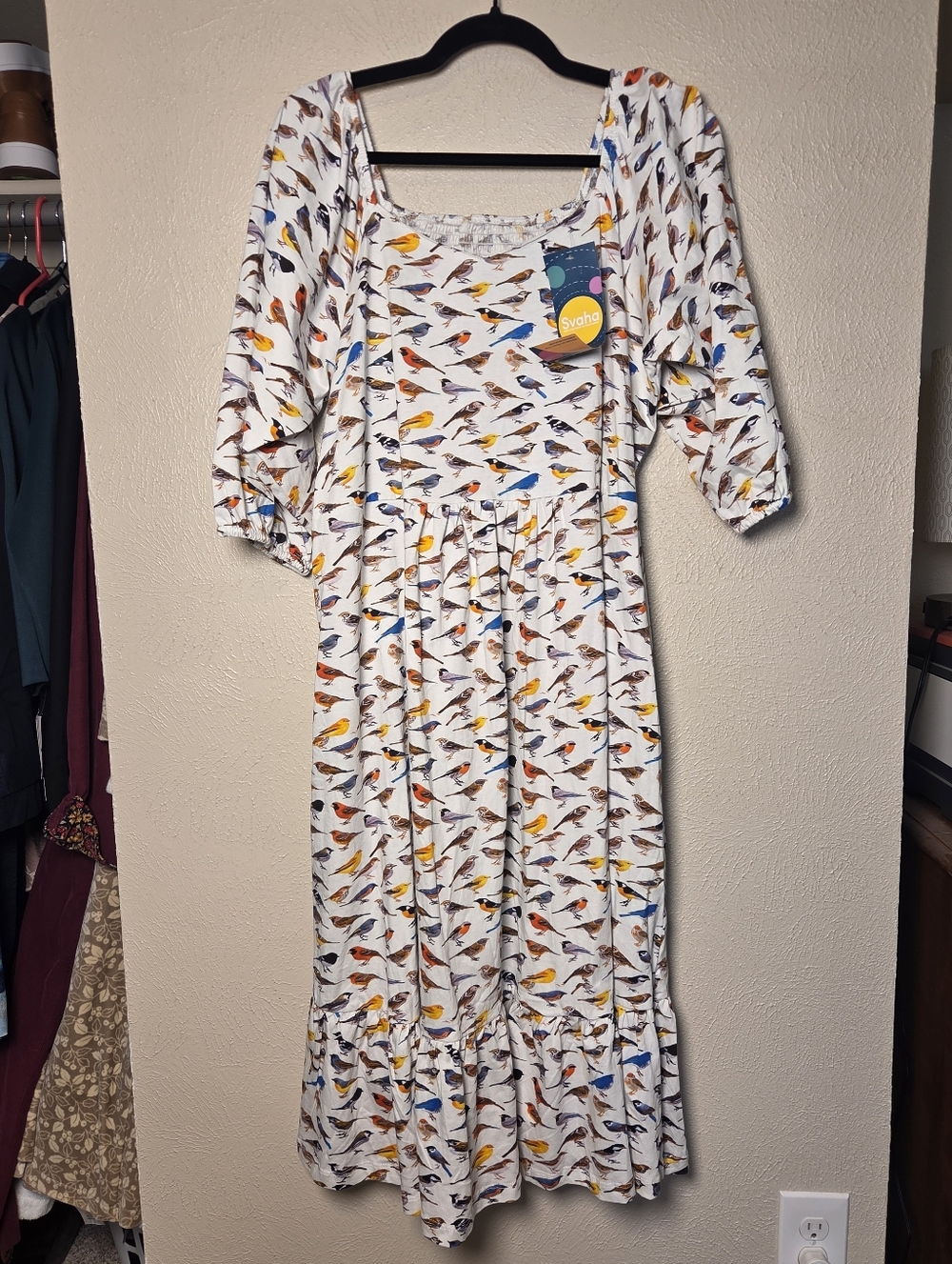 NWT Svaha USA Cotton Jersey Knit Stretch Dress Ruffle Hem Bird Watcher XXL / 2X - Picture 3 of 8